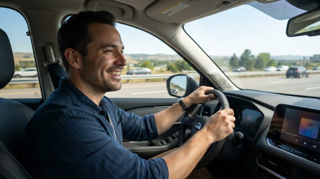 Realistic photo of a male driver enjoying music during a hig