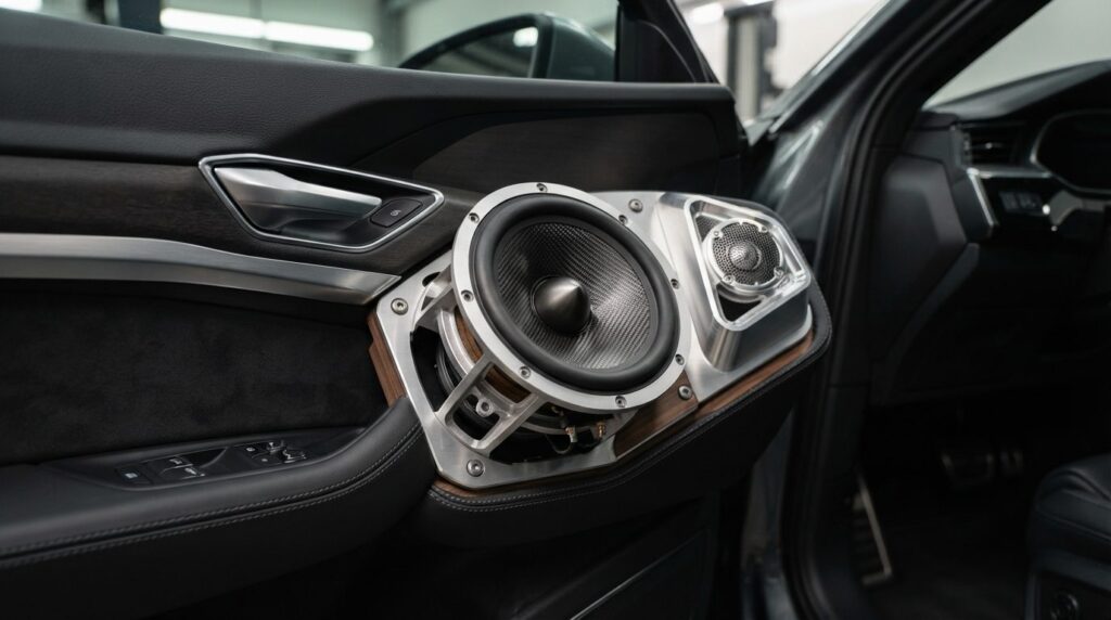 Close-up photorealistic image of premium car speaker install